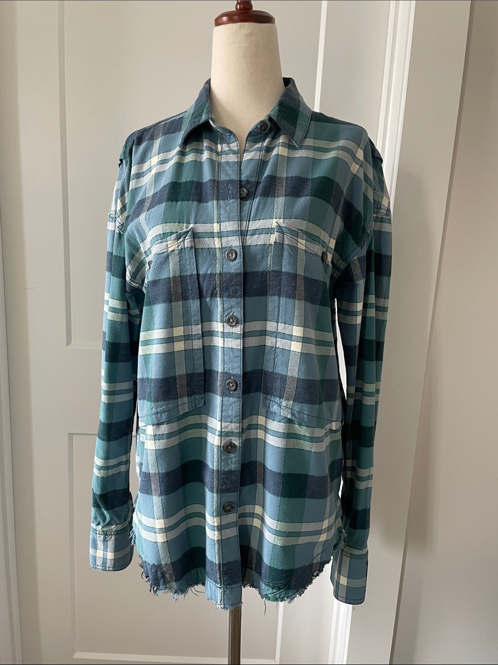 Free People Teal Navy and White Plaid Button-Down Shirt